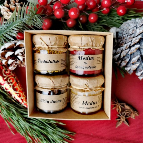 Kalėdinė dovana kartoninėje dėžutėje (Medus, žiedadulkės, duonelė, medutis su skoniu)
