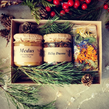 Kalėdinė dovana kartoninėje dėžutėje (Medus, bičių duona ir žolelių arbata)